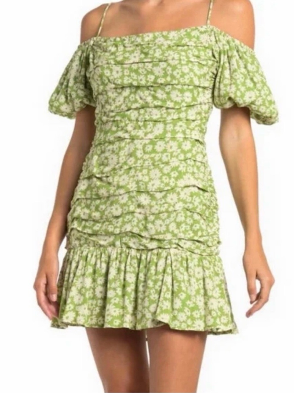 astr green floral mini dress the Label Ruched Off Shoulder in Taupe Ditsy at Nordstrom Rack, Size Large DR3780